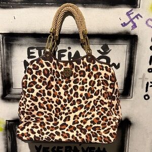 Leopard Print Tote Bag with Braided Handles